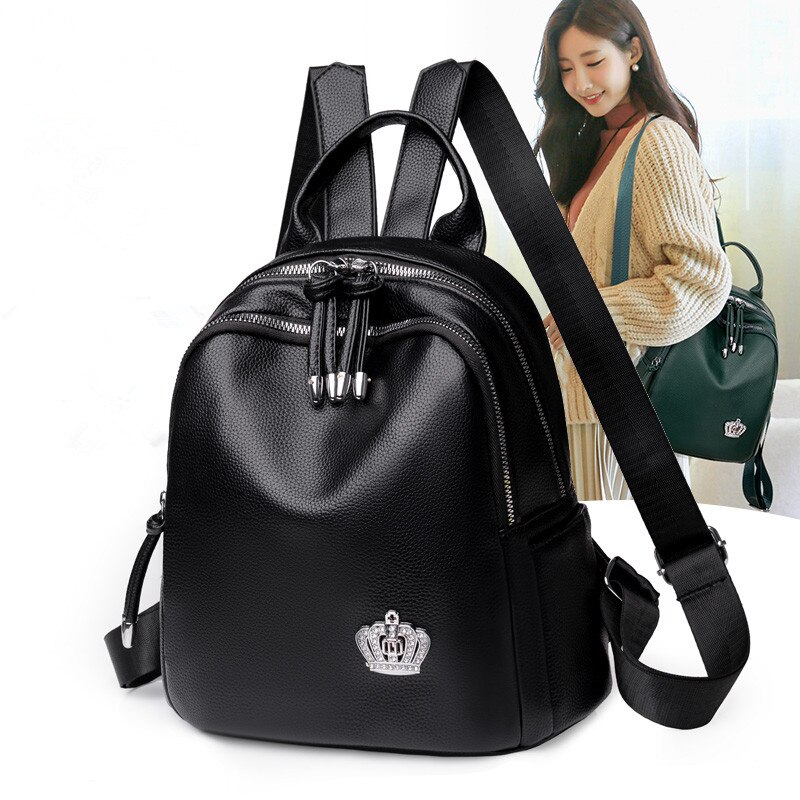 Zacht Leer Crown Decoratie Vrouwen Rugzak Effen Kleur Grote Capaciteit Mode Rugzak Vrouwelijke Casual Reizen Draagbare Bagpack