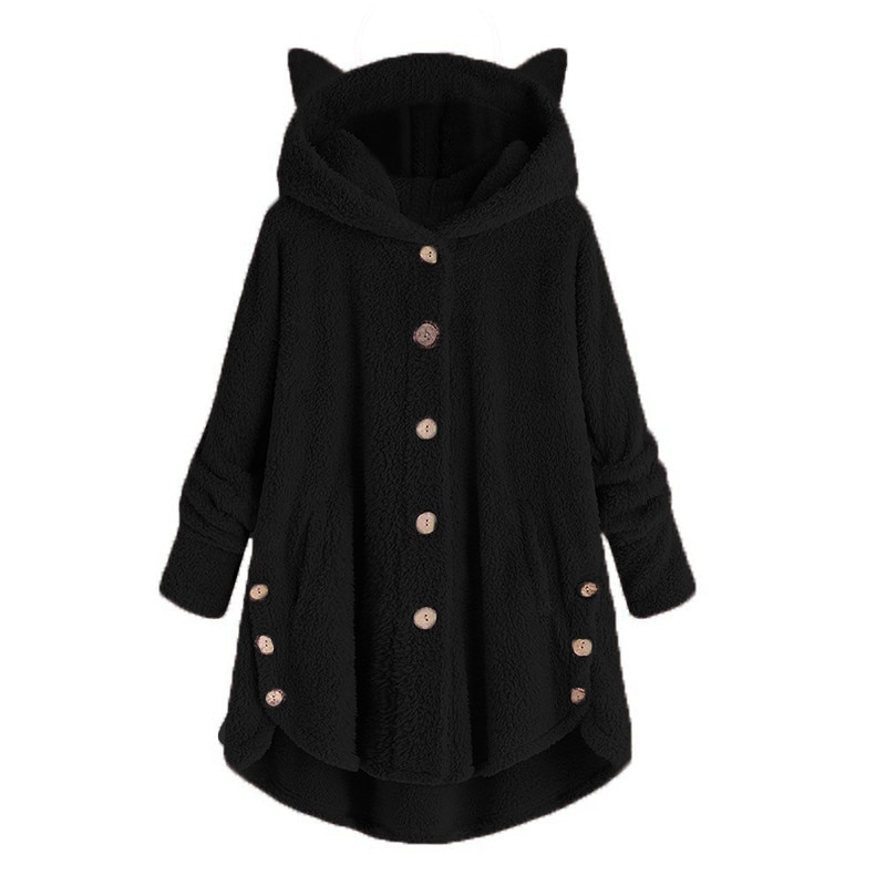 Wol Blend Vrouwen Knop Kat Oor Jas Pluizige Turn-down Kraag Uitloper Jacket Casual Tops Hooded Trui Losse trui #45