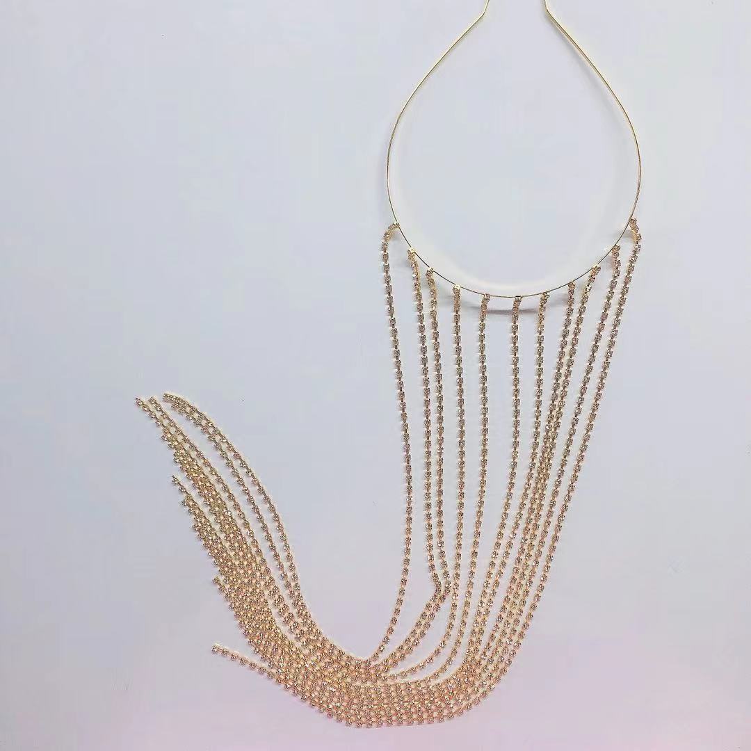 Fashionable lange kvast hovedbånd rhinestone smykker egnet til kvindelige brude krystal hovedbeklædning med total længde  of 42cm: Guldfarve