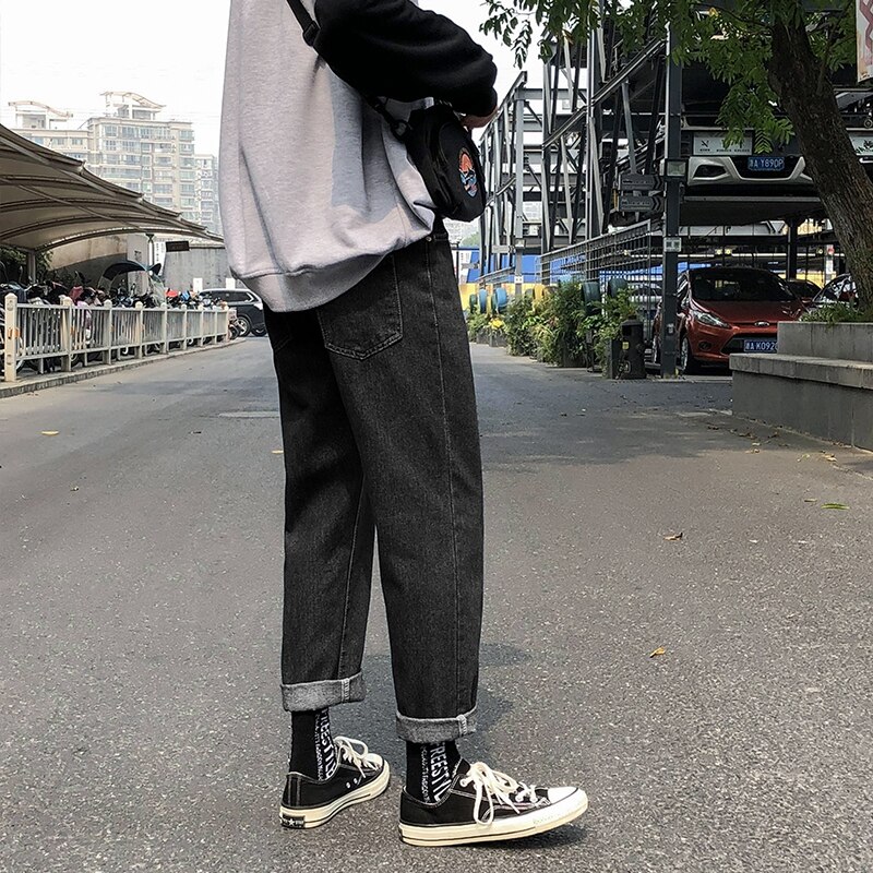 Menn jeans solid enkel rett all-match ankellange dongeribukser herre løs fritid trendy koreansk stil street-wear ulzzang