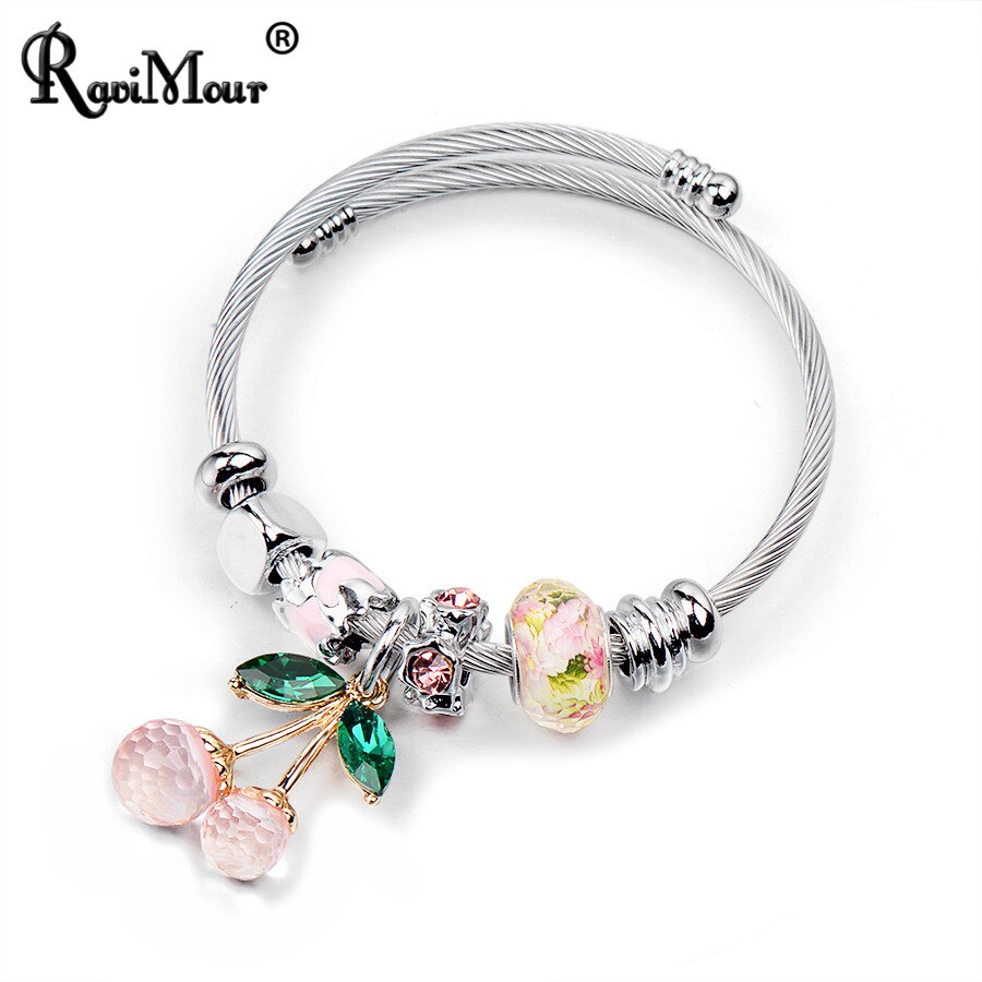 RAVIMOUR Stainless Steel Bracelets & Bangles Big Cherry Crystal Women Bracelet Jewelry Charms Bead DIY