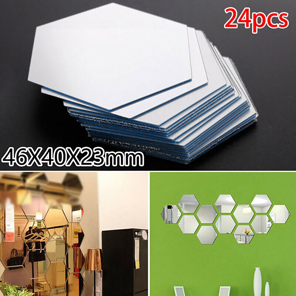 12/24 pièces 3D miroir Stickers muraux hexagone décor à la maison miroir autocollants Art mur décoration autocollants amovible salon décalcomanie: 24pcs Silver M