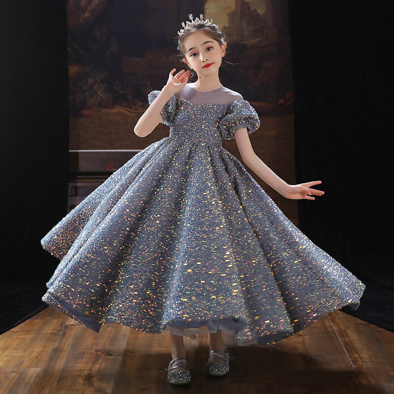 Children's Costume Teenager Prom Ball Gown Princess Sparkly Exquisite Sequins Dress Summer Wedding Birthday Party Dress
