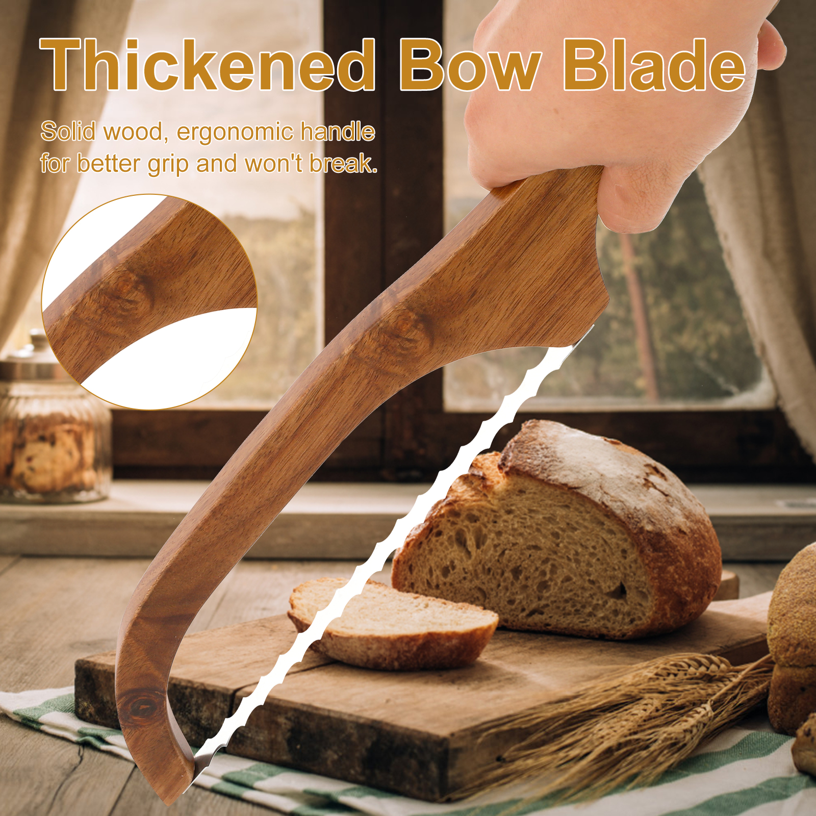 Wooden Bread Bow Knife Serrated Bread Bow Cutter Stainless Steel Sourdough Bread Knife Bread Knife Cake Cutting