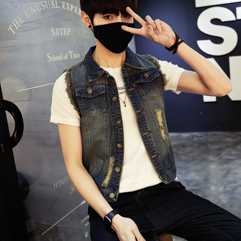 Brand Sleeveless Jacket Male Tank Plus Size Men's Denim Vest Hip Hop Jean Coats Waistcoat Men Cowboy Ripped Jean Jacket 6XL