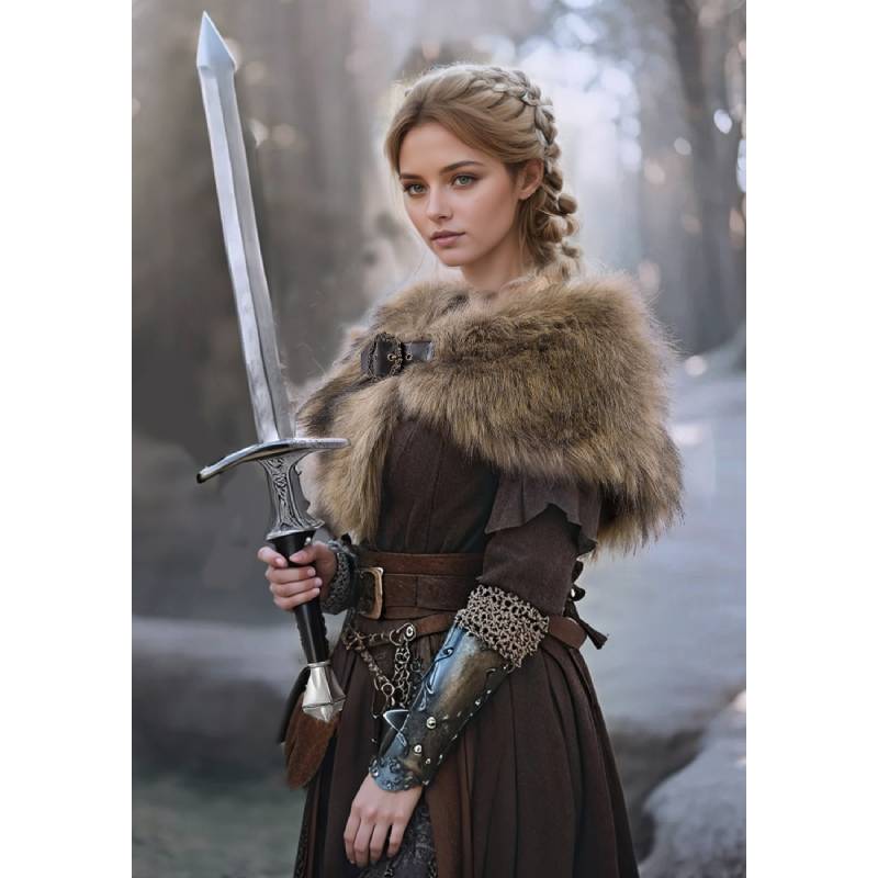 Dazcos viking faux fur scarf and cloak with medieval brooch, fur collar for larp costume accessories