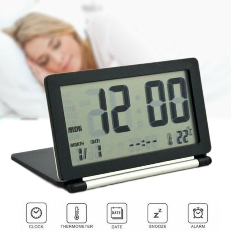 Bärbar hopfällbar digital väckarklocka liten display reseväckarklocka med kalendertemperatur: Svart