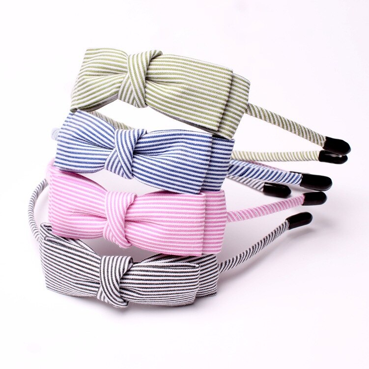 Korea Striped Bow Headband for Women Rhinestone Hairband Beads Bezel Girls Hair Accessories Simple Headwear