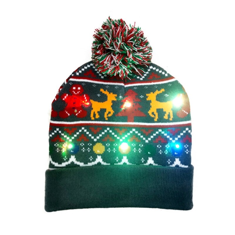 LED Light Up Knitted Christmas Beanie Hat Reindeer Tree Party Flashing Skull Cap X7YA