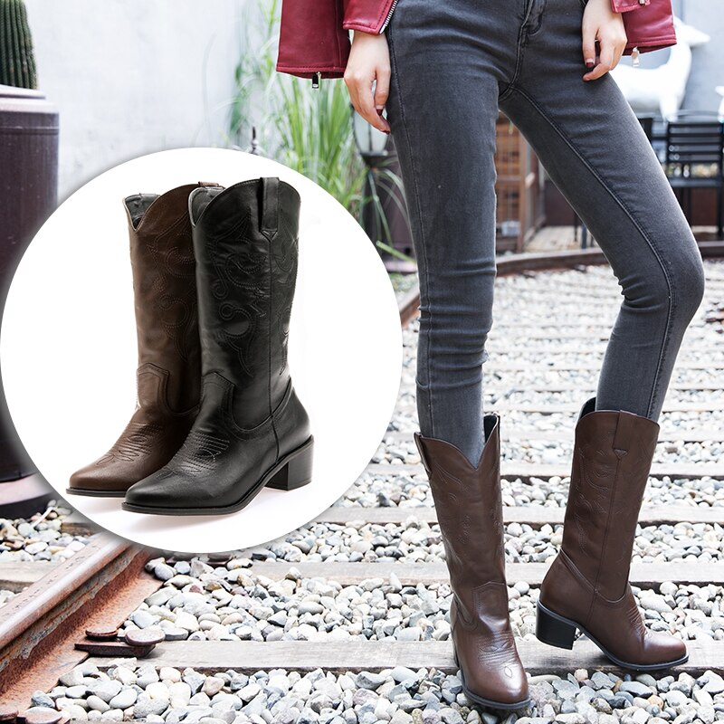 Spetsad tå western cowgirl boots vinter varma cowboy boots skor dam botas mujer svart ,brun plus storlek 43 ab877