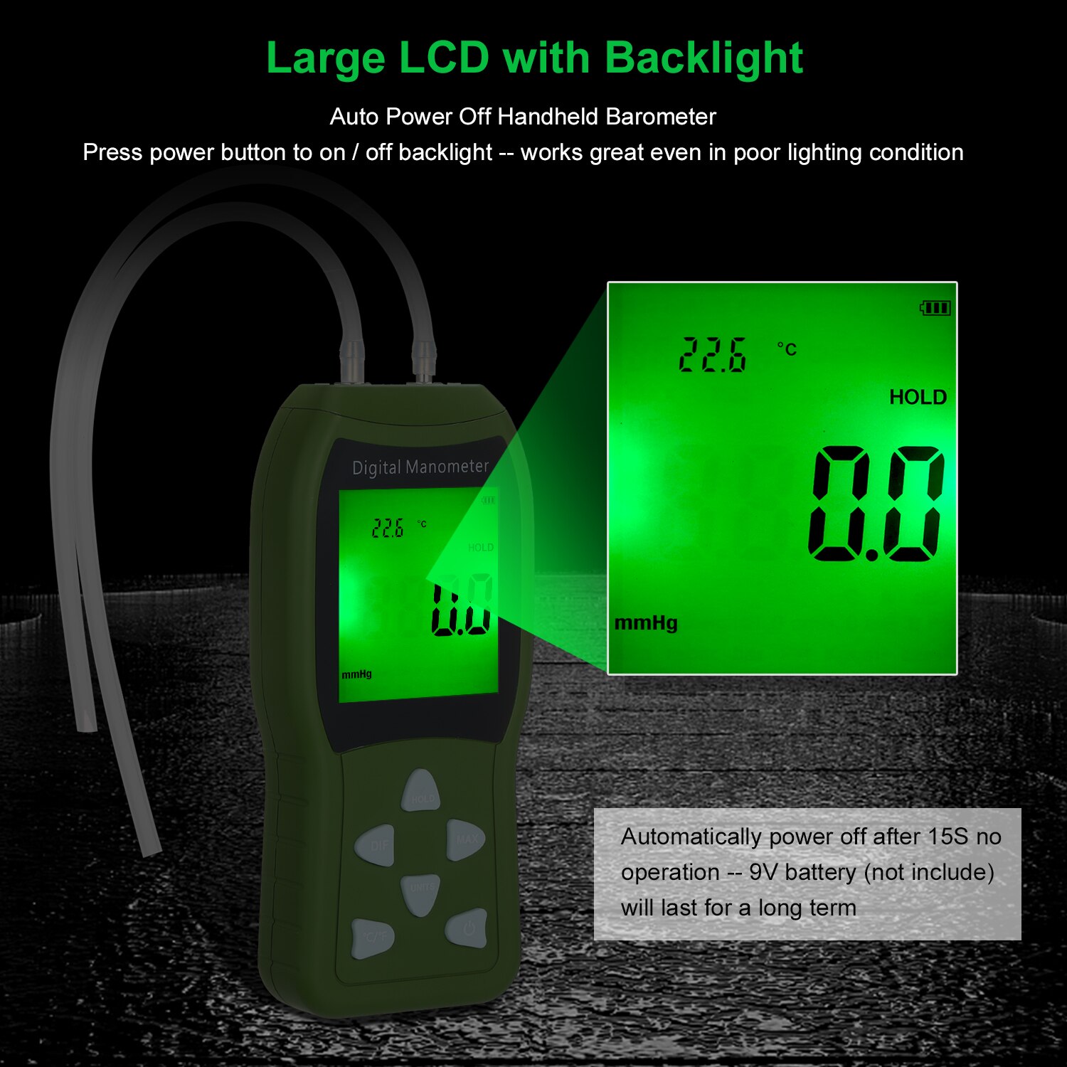 Handheld Digital Air Pressure Meter 12Unit Dual Port Differential Pressure Gauge HVAC LCD Backlit Natural Gas Analyzer Manometer