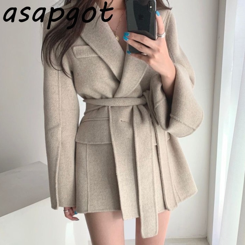 Abrigo con cinturón de invierno para mujer, Chaquetas de manga larga de solapa gruesa informal, holgada, de lana, Estilo Vintage,
