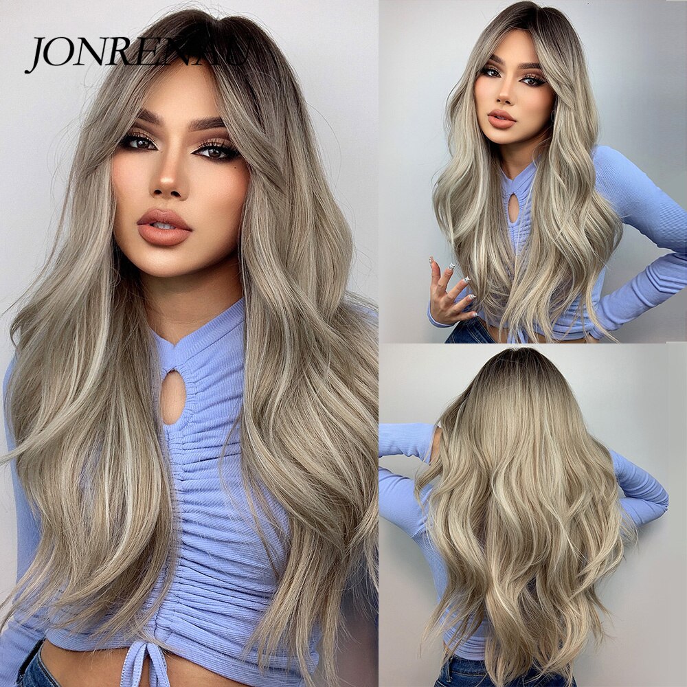 JONRENAU Long Wavy Brown to Light Brown Ombre Synthetic Wigs Partial Fringe Natural for Women Daily Party Wig Heat Resistant: 457