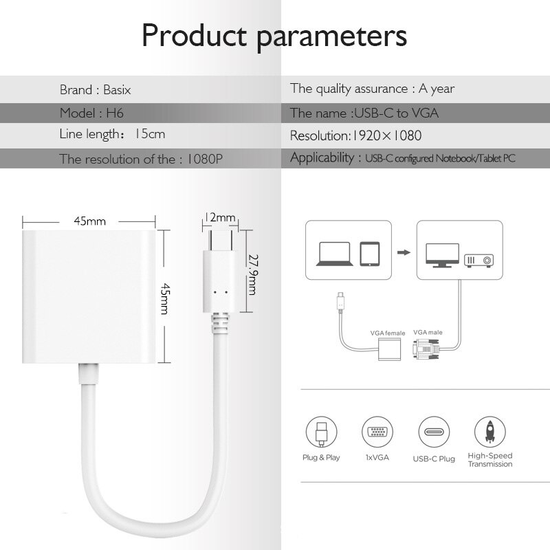 Usb C To Vga Adapter,Type C To Vga Adapter Compatible for Pro , Air/Ipad Pro ,Surface Book 2,Ch