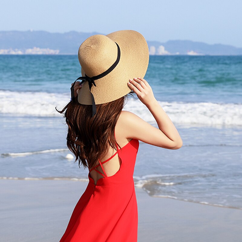 Zomerse eenvoudige opvouwbare brede rand slappe strohoed voor meisjes, zonnehoed, strandhoed voor dames, uv-beschermende reispet voor dames
