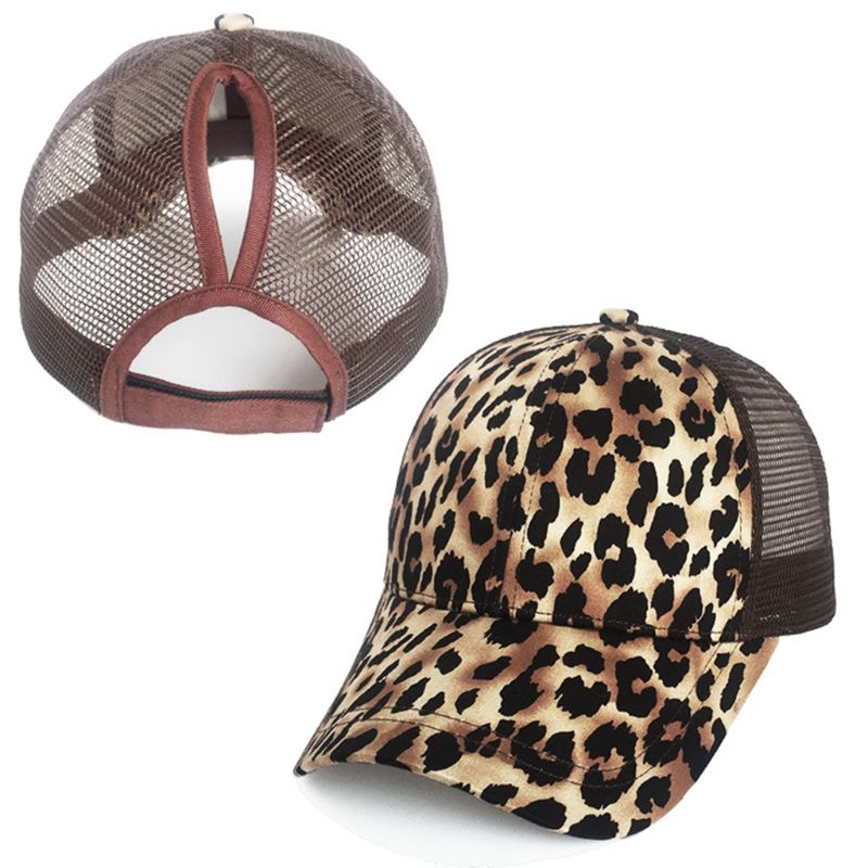 Women Ladies Summer Mesh Back Messy High Bun Ponytail Holder Cap Vintage Leopard Zebra-Stripes Adjustable Snapback Trucker Hat