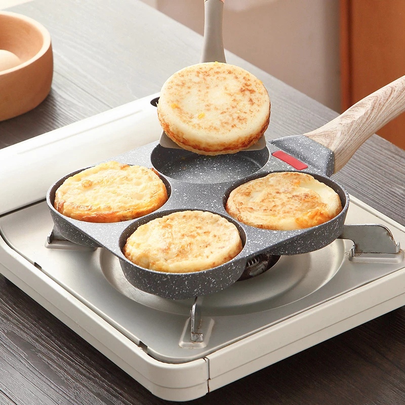 4 Holes Egg Frying Pan Multifunction Hamburger Steak Non Stick Pan Wooden Handle Cooking Pan Cooking Utensils