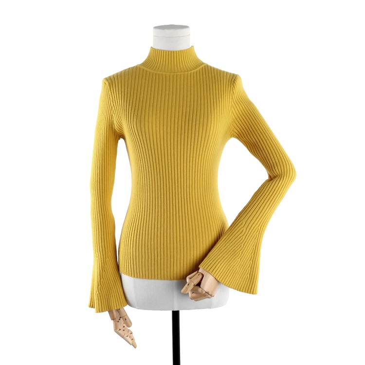 Vintage bell sweater kvinder retro halvhøj hals flare ærme pullover jumper kvindelig elastisk slank talje strikkede trøjer: Gul