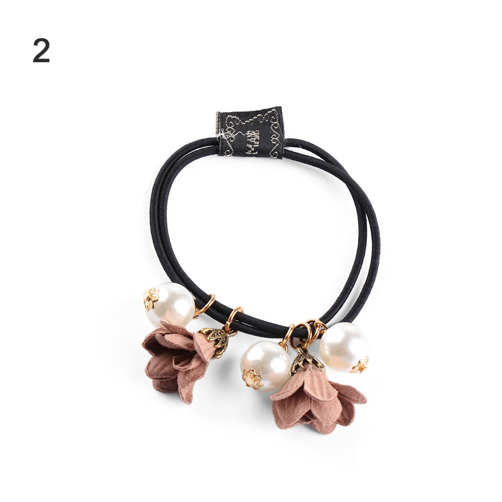 1 pièces haute élastique Rose fleur corde simulé perles bandes de cheveux Stretch cravate pour les filles élastique pour queue de cheval coiffure Scrunchy: 2