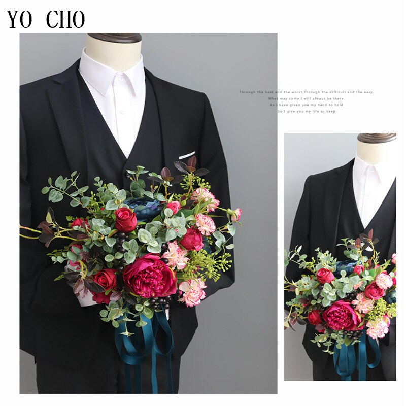 YO CHO Mode Bruid Hand Bloemen Mooie Pioen Bruidsboeketten Kunstmatige Rose Zijden Bloemen DIY Boeket Witte Pioen Rode Roos