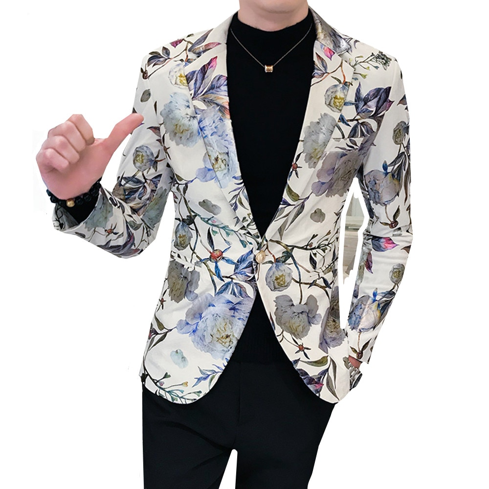 Menn blazer luksus blomster allover utskrift ball dress blazere single button party mann nattklubb slim fit bryllup dress jakke