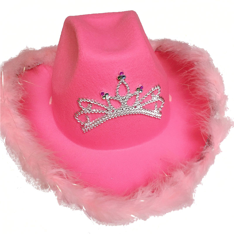 Western Style Tiara Pink Cowgirl Hat For Women Girl Tiara Cowgirl Hat Cowboy Cap Adult Hats Costume Party Hat: B - pink feather