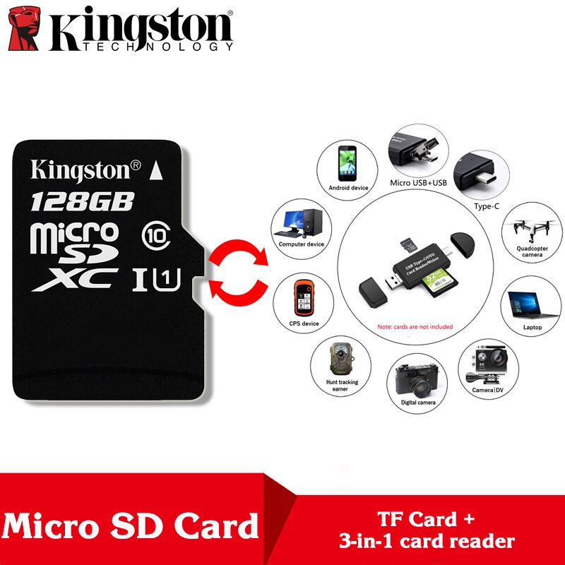 Kingston Microsd 8gb 16gb 32gb 64gb 128gb 256gb Scheda di Memoria Class 10 SDHC TF card Con Adattatore Della Carta/Reader per iphone e Computer Portatile: TF128-R320-Reader