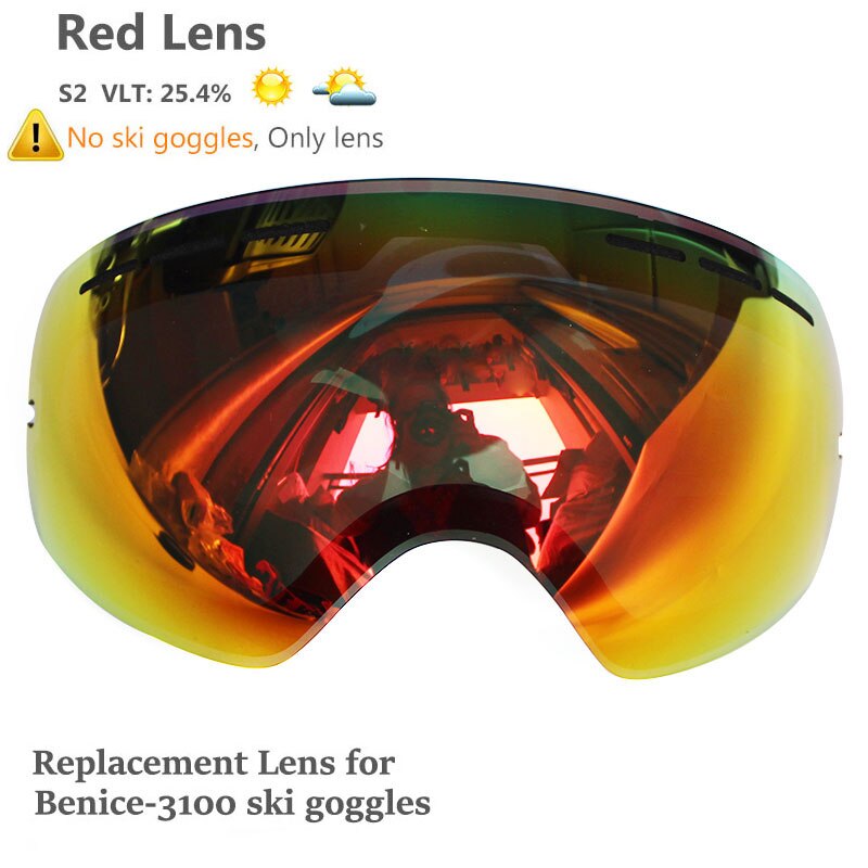 Benice double Layers UV anti-fog lens Men ski goggles big spherical skiing snowboarding snow glasses Eyewear 3100 Set case: Red Lens Only