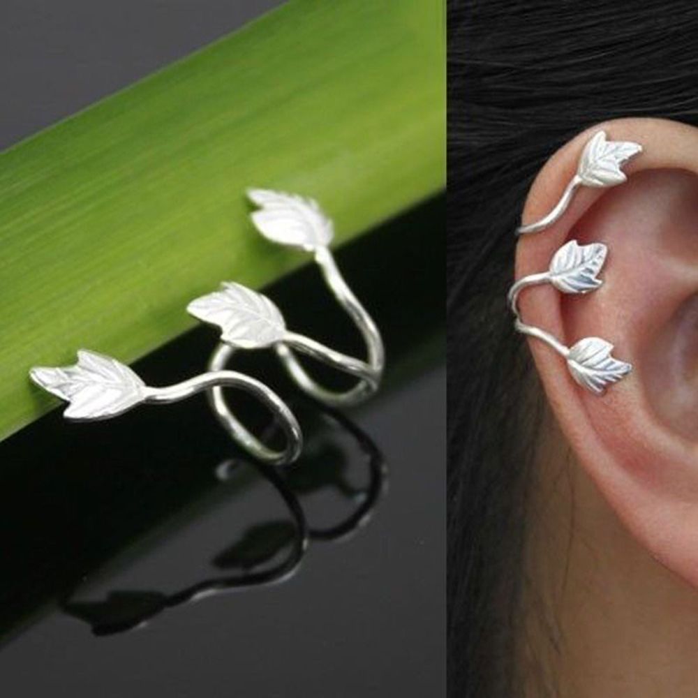 2 Pcs No Piercing Silver Plated Leaf Clip On Ear Cuff Earring Wrap Punk Ear Clip Earring Jewelry Accessories