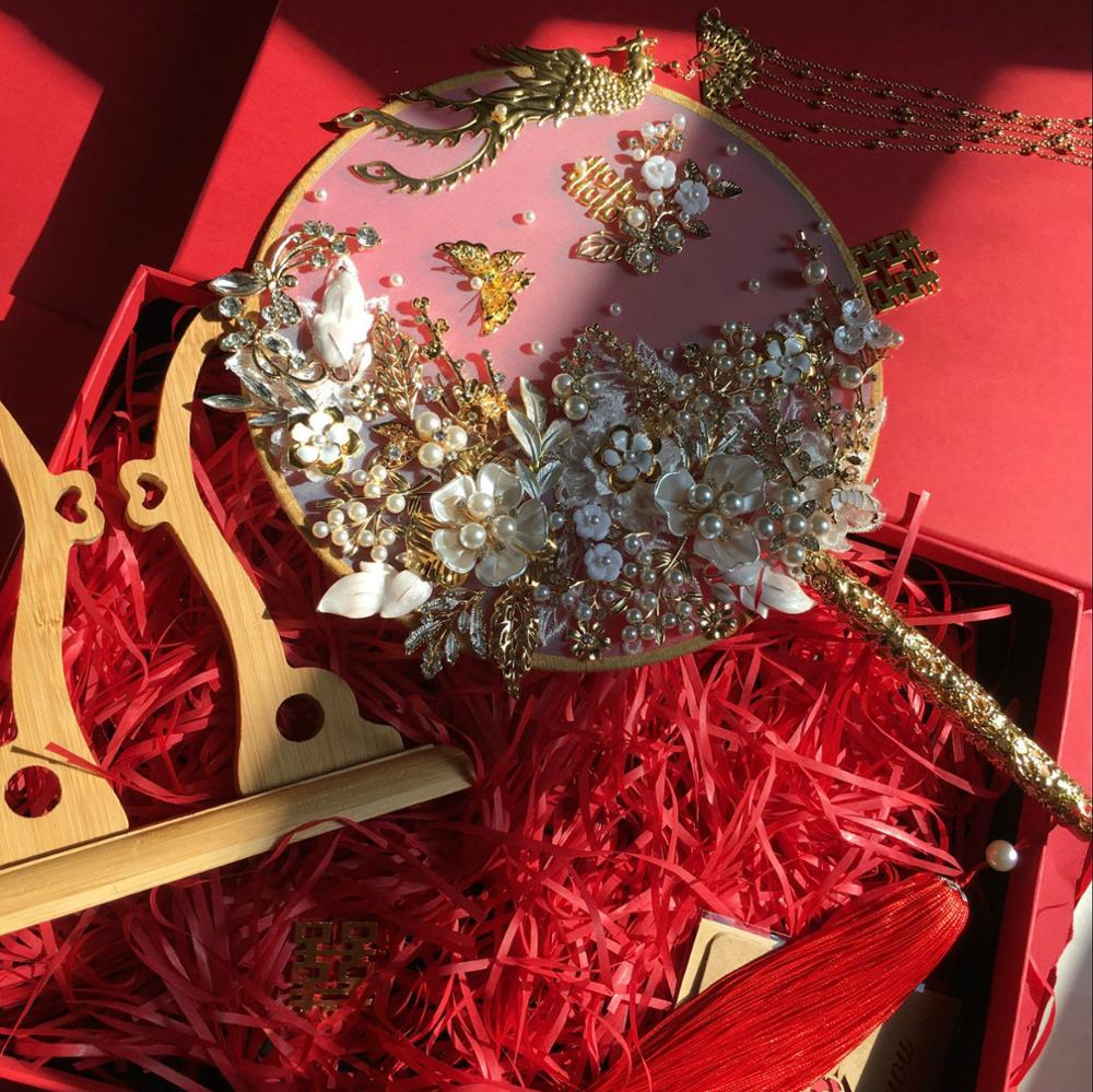 JaneVini, abanico Chino de novia de lujo, ramo de bodas con perlas, Fénix Dorado, flores hechas a mano, ramo de novia, accesorios de joyería