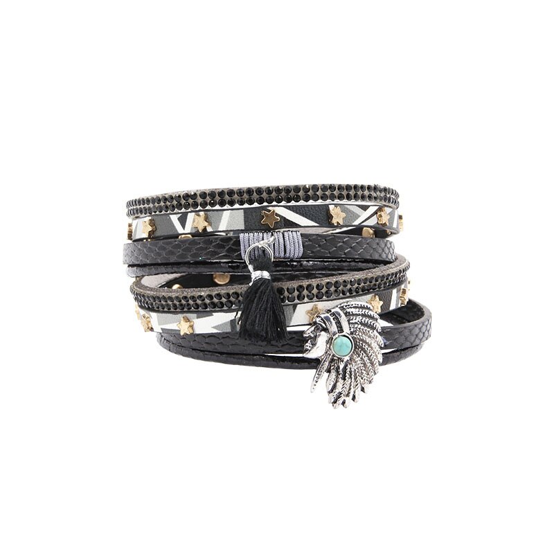 Armband PU Lederen Armbanden &amp; Armbanden Voor Vrouwen Pulseira De Couro Vrouwelijke Lange Egyptische Schoonheid Hoofd Wrap PulserasMujer: black