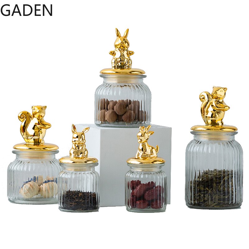 Transparent Glass Storage Jar Golden Ceramic Lid Cute Snack Tea Storage Food Grade Candy Jar Kitchen Storage Supplies