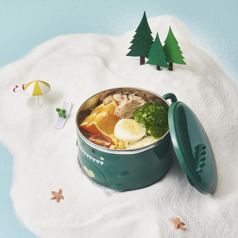 Bol à nouilles Ramen dinosaure Kawaii, bol à salade de fruits avec couvercle en acier inoxydable