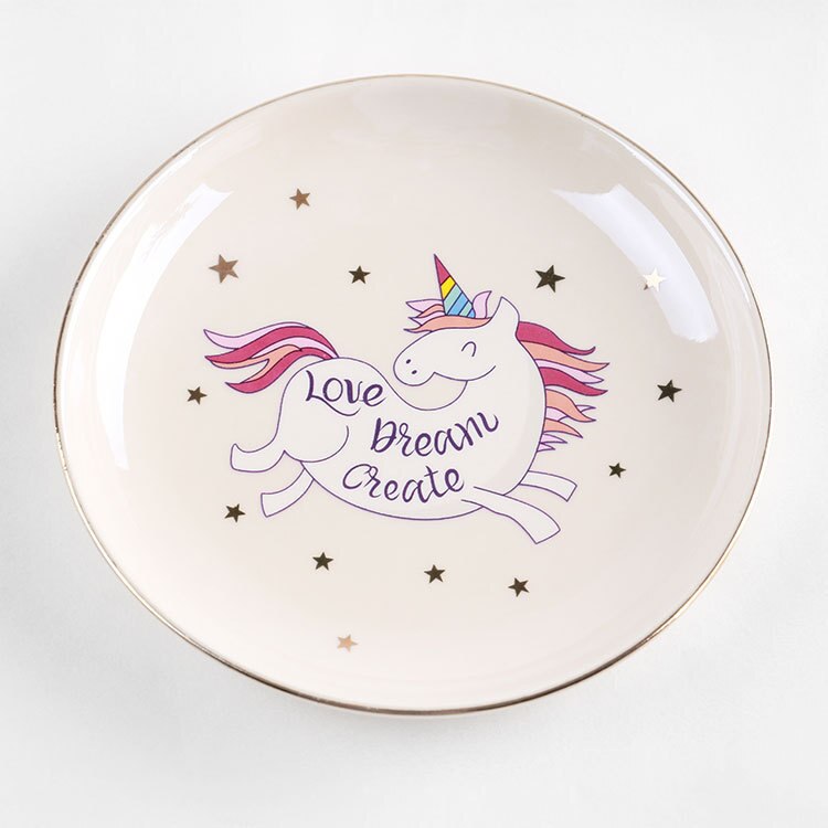 Unicórnio Dos Desenhos Animados Coração-em forma de taças de cerâmica placas de sorvete Decoração Artesanato Jóias prato Lanche prato Lanche bandeja de armazenamento de doces: White B