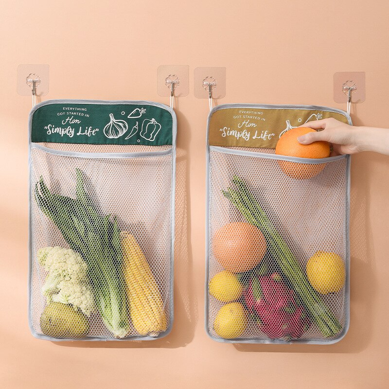Filet à fruits et légumes réutilisable, sacs en filet de cuisine, pour l'ail, le gingembre et les oignons, emballage mural suspendu, filet de rangement, Organization de la maison