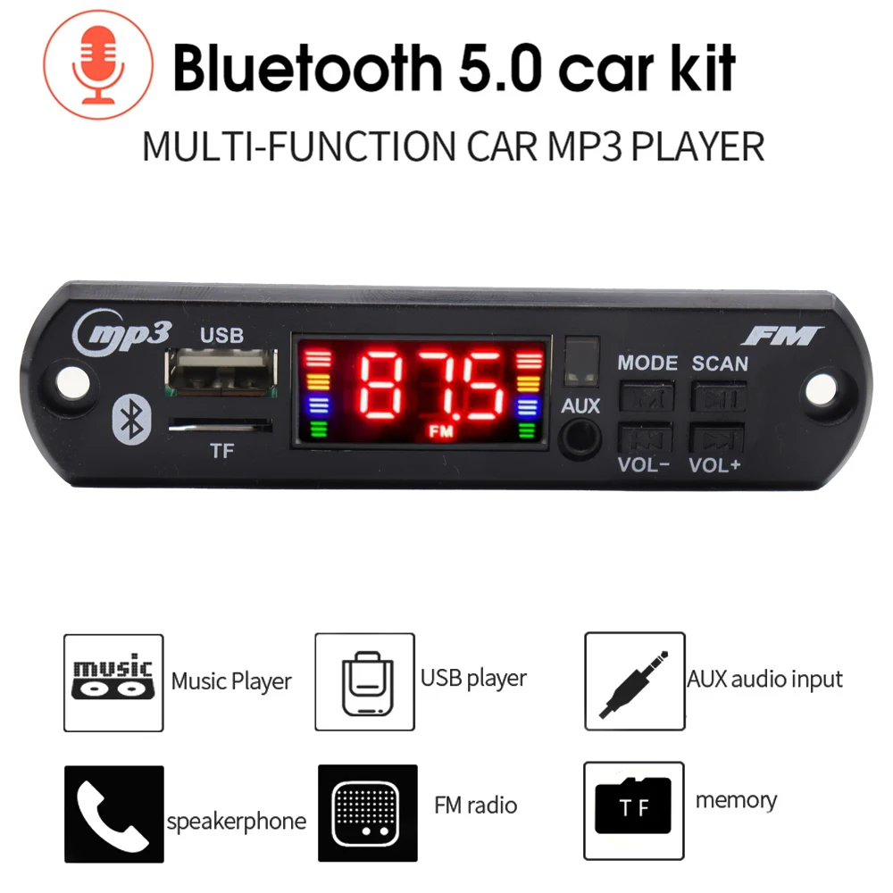 Placa decodificadora de mp3 bluetooth 5.0, 80w 50w, amplificador, reprodutor de áudio, 12v, diy, reprodutor de mp3, carro, módulo de rádio fm, tf, usb, microfone, gravação de chamada