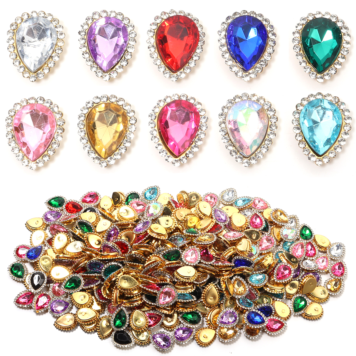 20 piezas forma de gota de agua de girasol, garra de costura, diamantes de imitación, cristales, cuentas de vidrio, botones, piedras para coser, diamantes de imitación para coser ropa