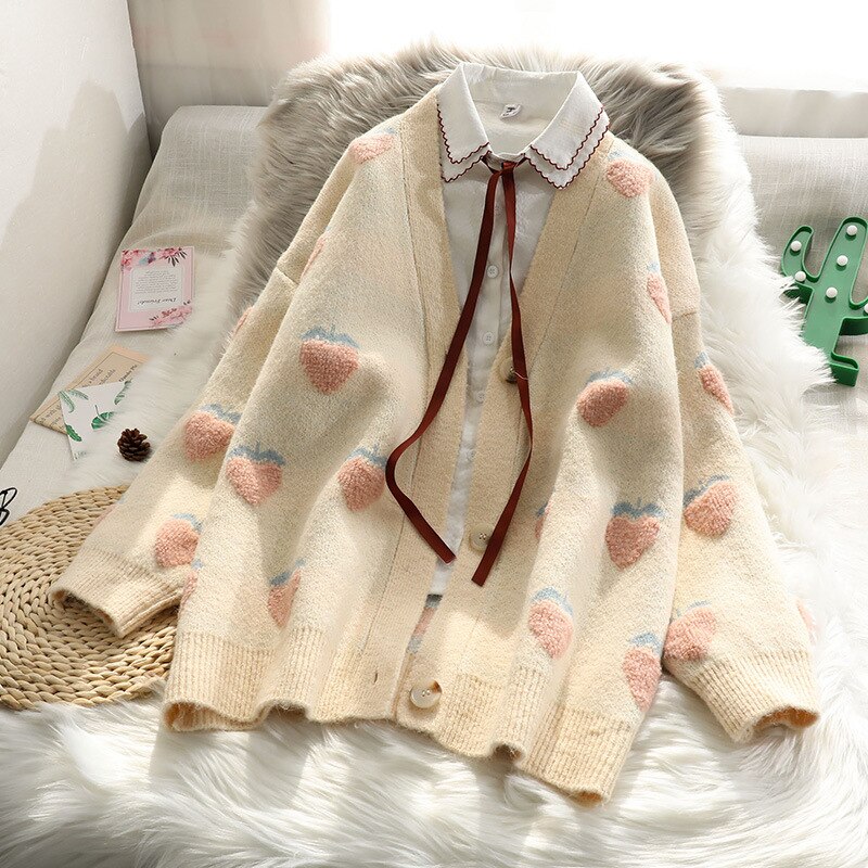 Oceanlove kawaii cardigans kvinder søde jordbær v hals efterår vinter trøjer sweet mujer chaqueta 17455: Abrikos