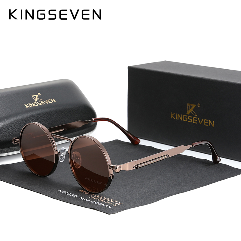 KINGSEVEN Gothic Steampunk Sunglasses Polarized Men Women Brand Vintage Round Metal Frame Sun Glasses: Brown