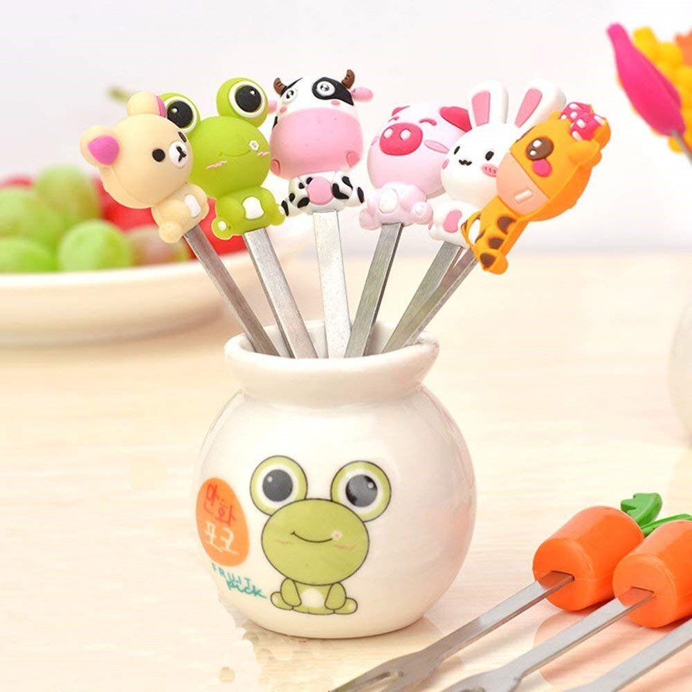 6 unids/pack decoración de Rana Animal Acero inoxidable Tenedor de fruta niños bocadillos pastel postre fruta palillo Bento Lunc