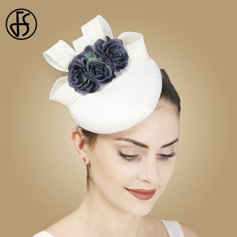 FS White Pillbox Hat Base Women Fascinator Hair Headband Big Sinamay Cocktail Headwear Flower Derby Hats For Church Fedora