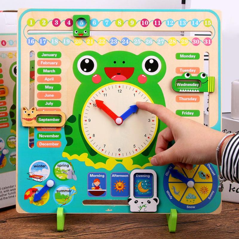 Cartone animato Rana Data Quattro Stagioni di Legno Calendario Orologio Per Bambini Per Bambini Cognitive Toy