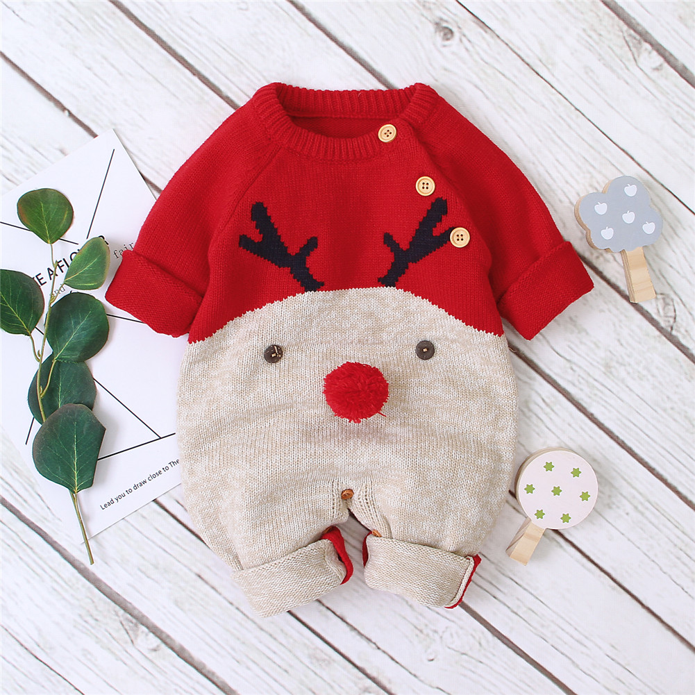 Jongens Meisjes Kerst Rompertjes Rendier Gebreide Ronde Kraag Vest Jumpsuits Baby Jaar Kostuum Kid Warme Wollen Kleding 0-2Y: Rood / 0-3M