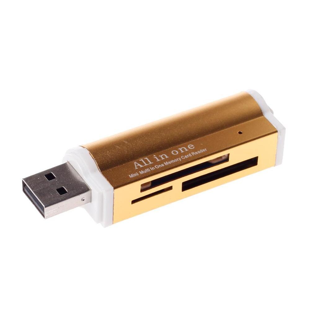 4 in- in-1 multifunctionele geheugenkaartlezer met aluminium behuizing, usb 2.0 externe kaartlezer voor sd-kaart, mmc, micro sd, tf-kaart: Goud