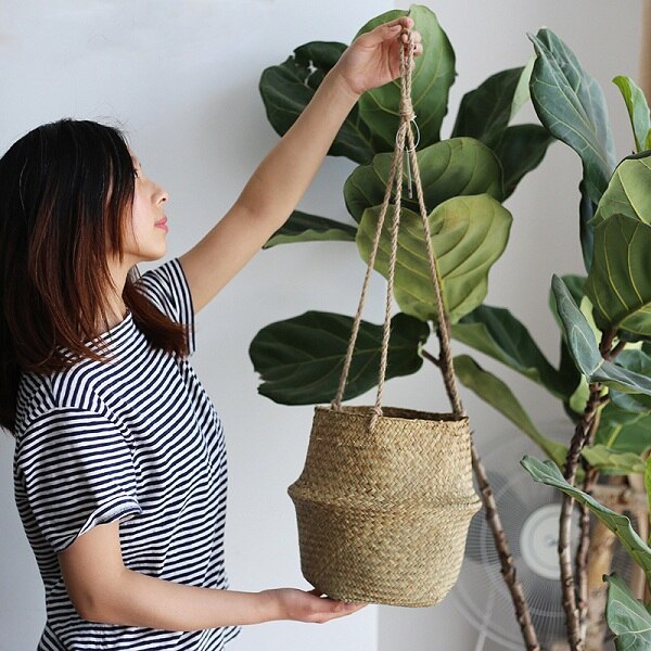WHISM Pliable Vannerie De Stockage Panier Suspendu Décoratif Paniers Jardin Pot De Fleur Rotin Planteur Herbiers Panier À Linge: Hanging Basket / L