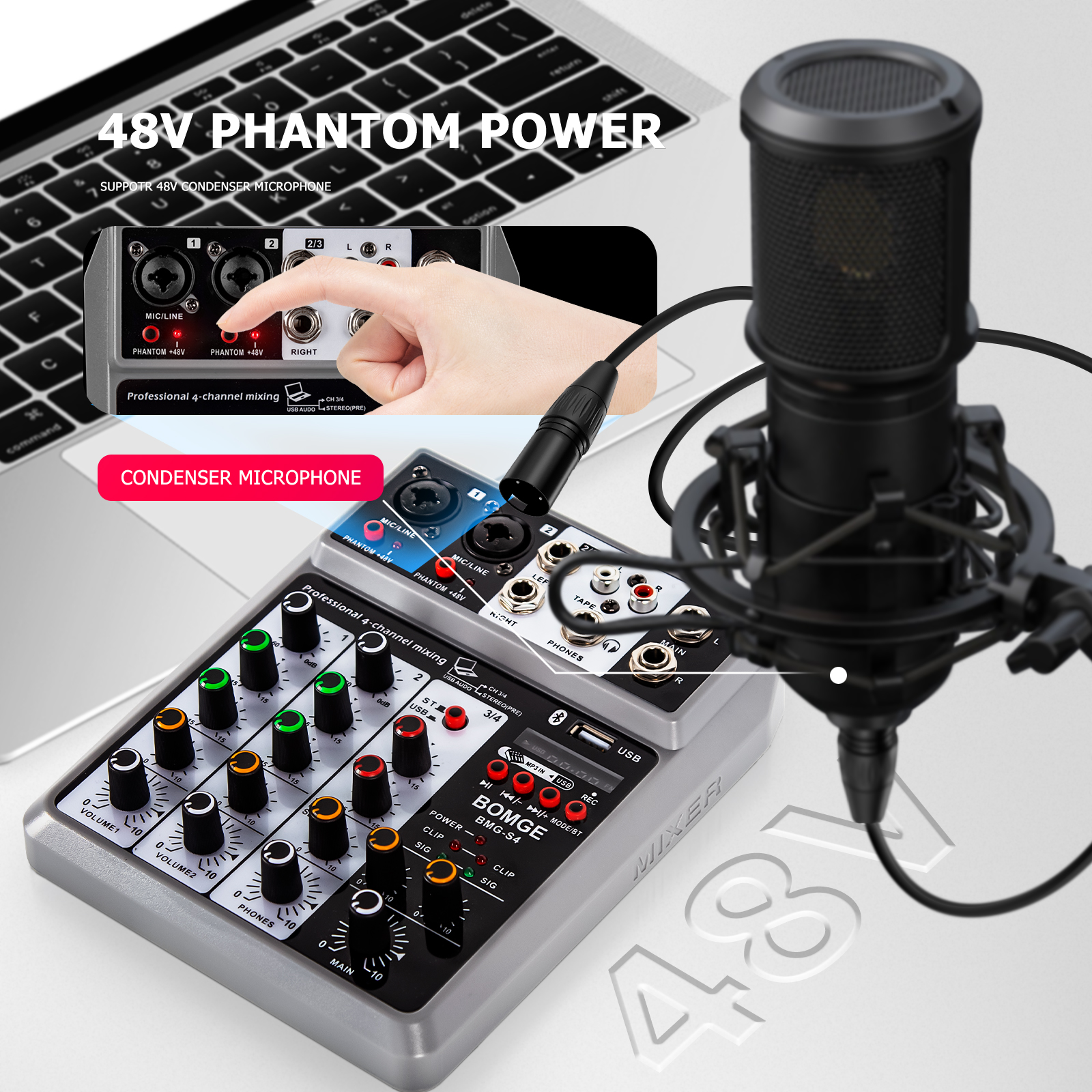 Digital 4- kanals lydmixer lydmikserpult med usb-interface stereomixere til dj-optagelse karaokebar