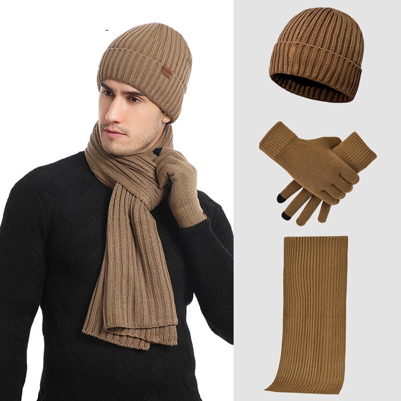 Vinter hat tørklæde handsker til kvinder mænd tyk bomuld dame hat og tørklæde sæt hat og tørklæde til kvinder 3 stykker sæt: Kamel