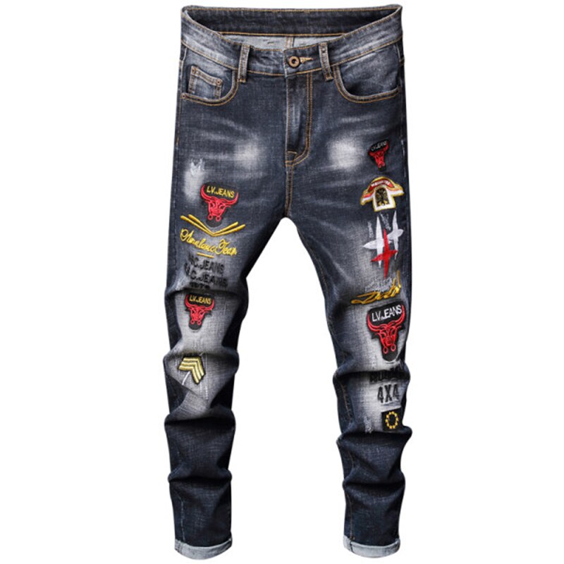 Mens Denim Embroidery Hole Jeans Stretch Distressed Ripped Jeans Men Spring Autumn Hip Hop Pants Streetwear