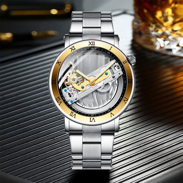 Luxe Forsining Mannen Horloge Dubbelzijdig Transparant Tourbillion Mechanische Staal Steampunk Creatieve Automatische Horloge: gold