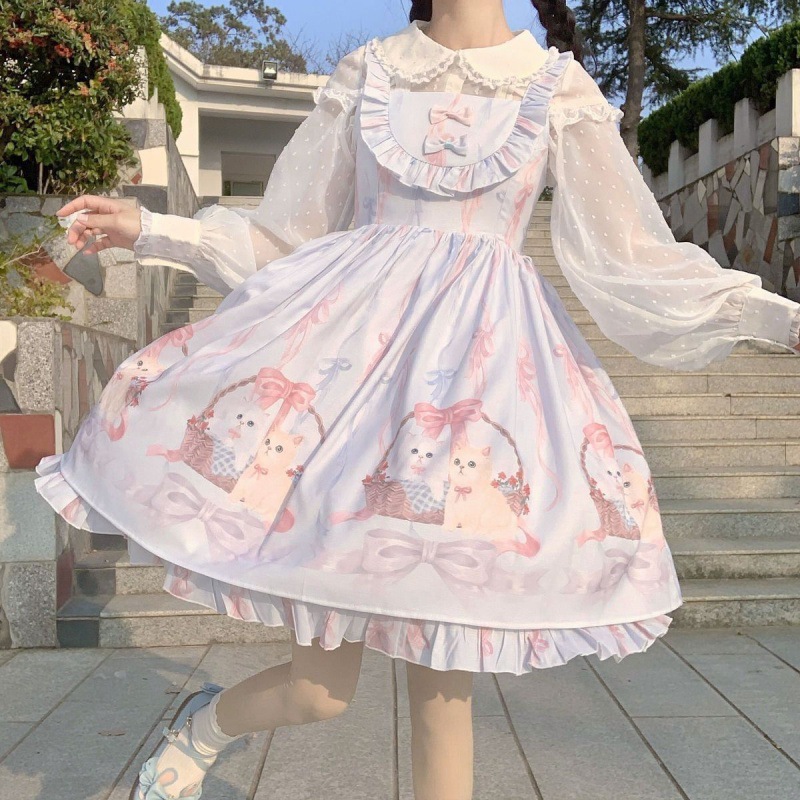 Kawaii Lolita Dress Women Girls JSK Lolita Kawaii Cute Cats Tea Party Dresses Ruffles Cosplay Spring Summer Slip Dress: bule